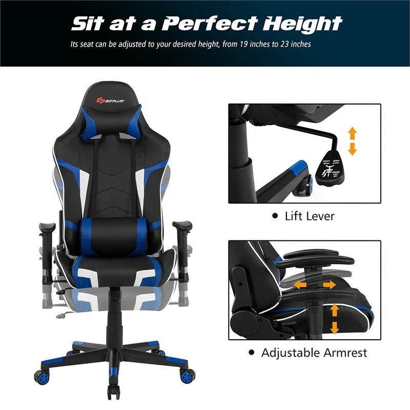 Pemberly Row Faux Leather Blue Swivel Massage Gaming Chair with Lumbar Support