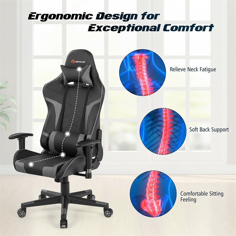 Pemberly Row Faux Leather Gray Swivel Massage Gaming Chair with Lumbar Support