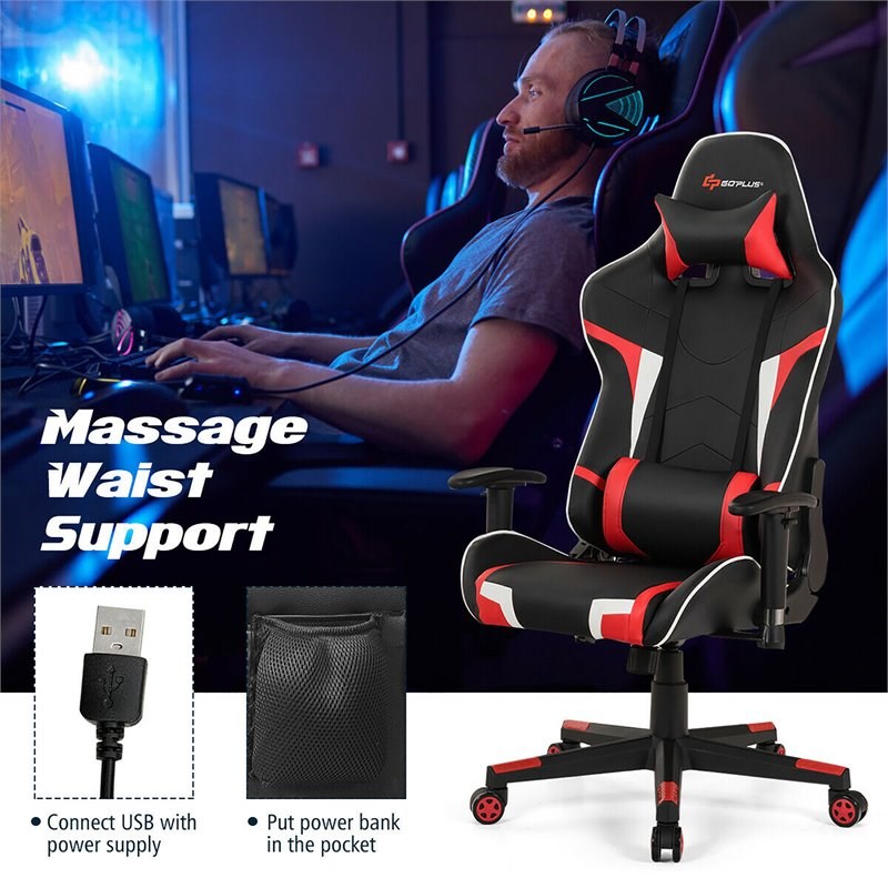 Pemberly Row Faux Leather Swivel Massage Gaming Chair with Lumbar Support in Red