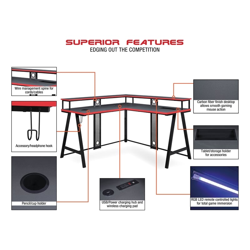 Pemberly Row Contemporary L-Shape Gaming Desk in Metal Black
