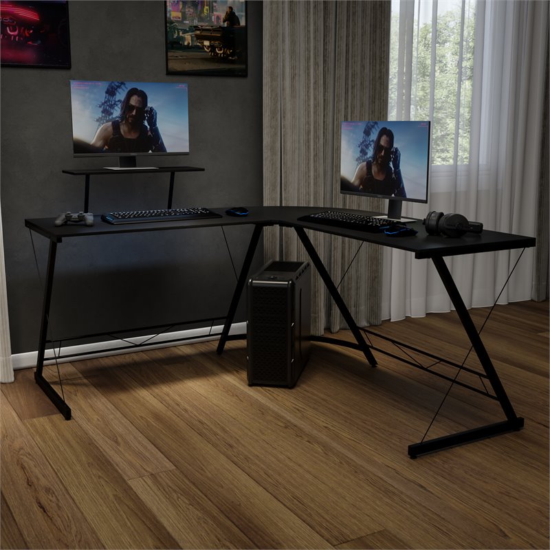 Pemberly Row L-Shaped Steel Metal Computer Gaming Desk in Black