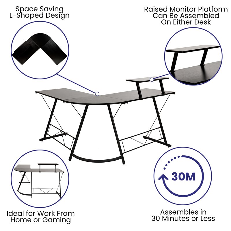 Pemberly Row L-Shaped Steel Metal Computer Gaming Desk in Black