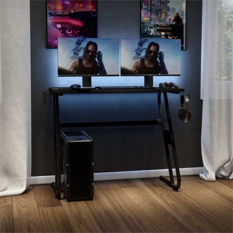 Pemberly Row Engineered Wood and Steel Gaming Ergonomic Desk in Black