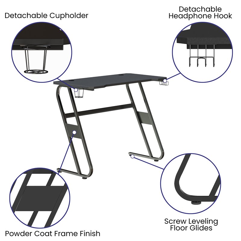 Pemberly Row Engineered Wood and Steel Gaming Ergonomic Desk in Black