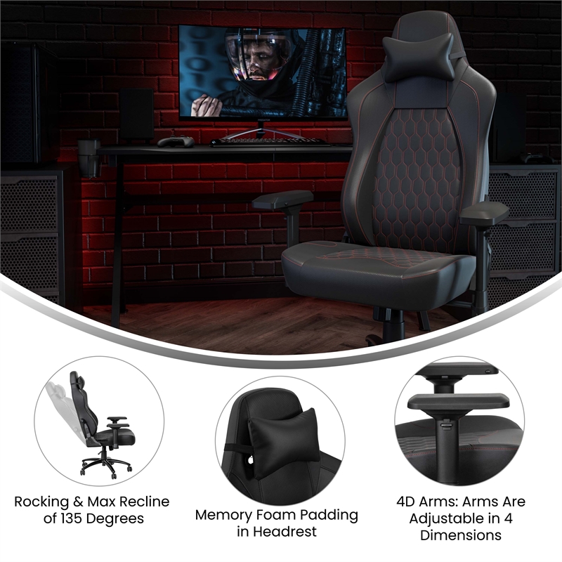 Pemberly Row Ergonomic Faux Leather Gaming Chair in Black/Red