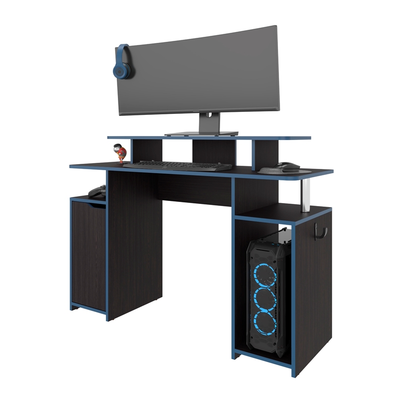 Pemberly Row Minimalist Gaming Desk with Elevated Monitor Shelf Blue Accents