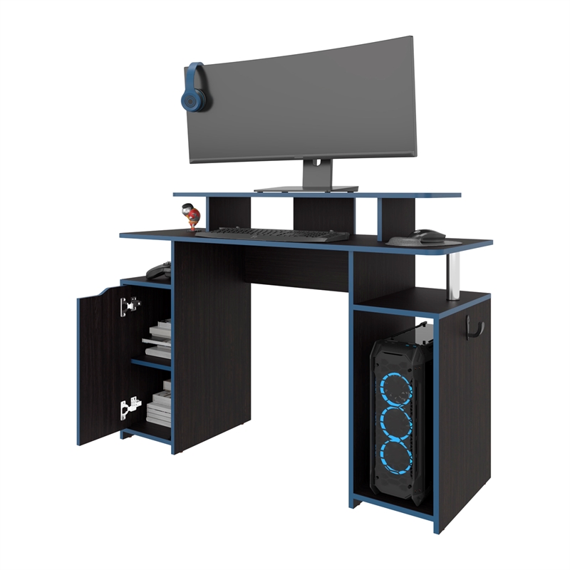 Pemberly Row Minimalist Gaming Desk with Elevated Monitor Shelf Blue Accents