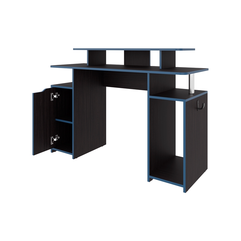 Pemberly Row Minimalist Gaming Desk with Elevated Monitor Shelf Blue Accents