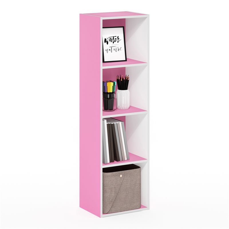 Pemberly Row Contemporary 4-Tier Open Shelf Bookcase in Pink/White