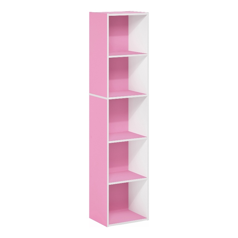 Pemberly Row Contemporary 5-Tier Open Shelf Bookcase in Pink/White