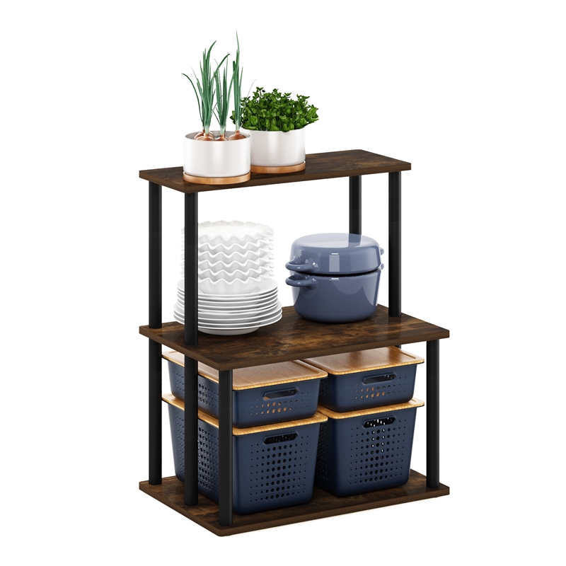 Pemberly Row Turn-N-Tube 3-Tier Kitchen Storage Shelf in Amber Pine/Black