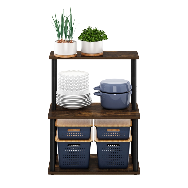 Pemberly Row Turn-N-Tube 3-Tier Kitchen Storage Shelf in Amber Pine/Black