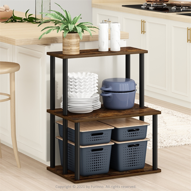 Pemberly Row Turn-N-Tube 3-Tier Kitchen Storage Shelf in Amber Pine/Black
