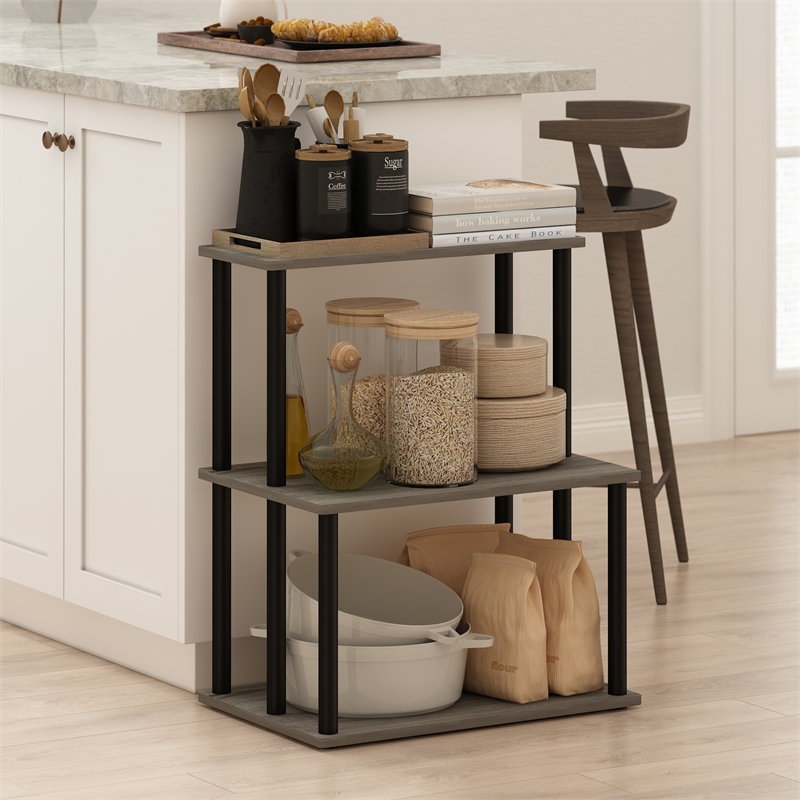 Pemberly Row Turn-N-Tube 3-Tier Toolless Kitchen Shelf in French Oak Gray/Black