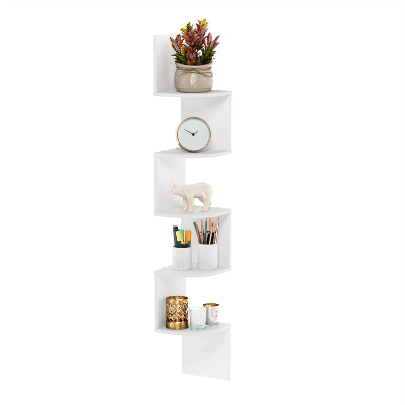 Pemberly Row 5-Tier Wall Mount Floating Radial Corner Shelf in White