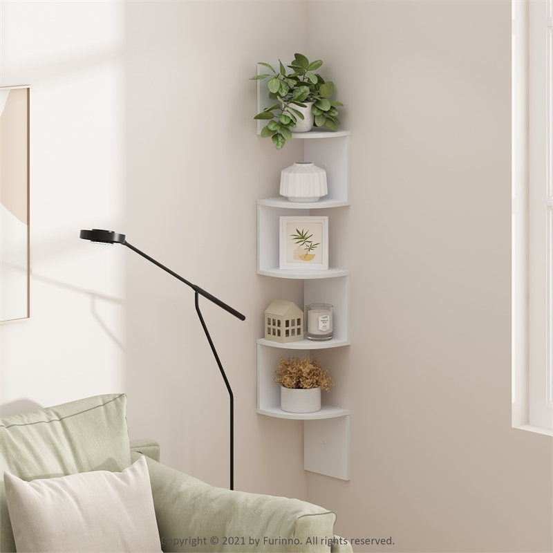 Pemberly Row 5-Tier Wall Mount Floating Radial Corner Shelf in White