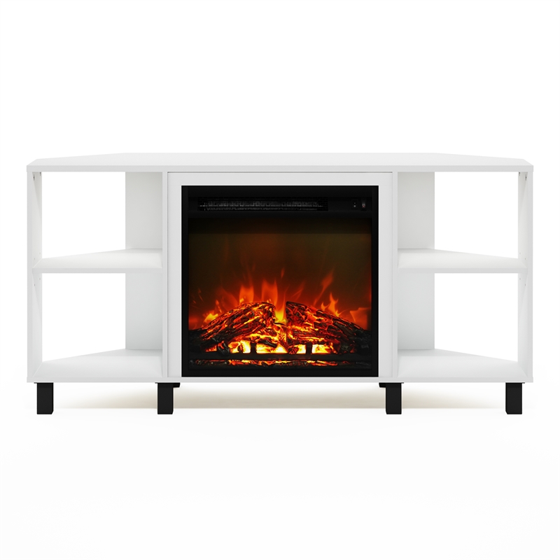 Pemberly Row Corner Fireplace TV Stand with 4 Open Compartments Solid White
