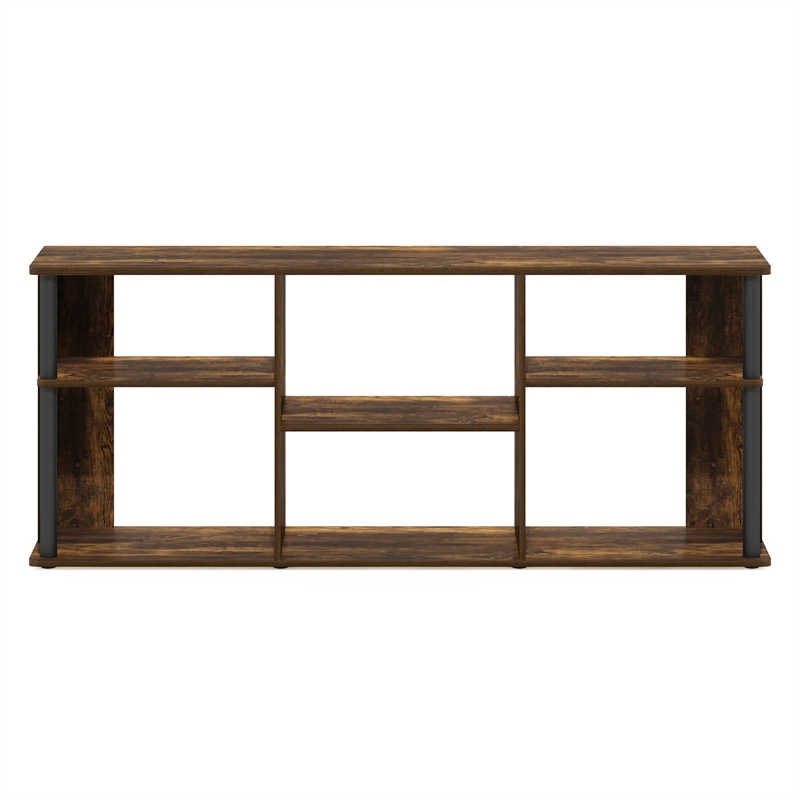 Pemberly Row TV Stand with Plastic Poles for TV up to Amber Pine/Black