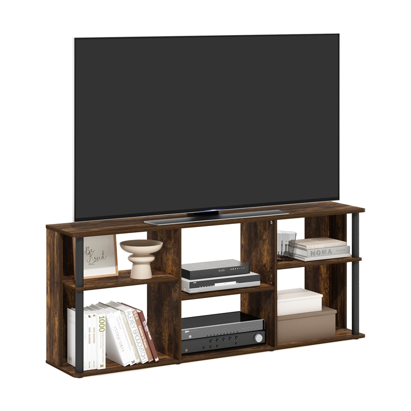Pemberly Row TV Stand with Plastic Poles for TV up to Amber Pine/Black