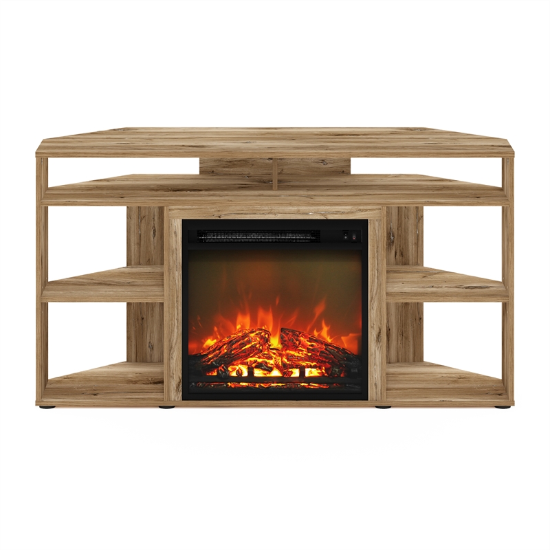 Pemberly Row Corner TV Stand with Fireplace for TV up to 55 Flagstaff Oak