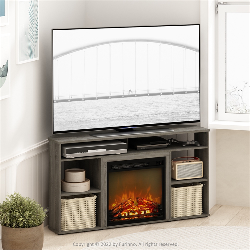 Pemberly Row Corner TV Stand with Fireplace for TV up to 55 French Oak Gray