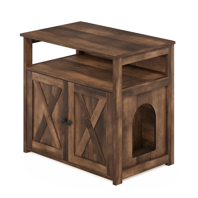 Pemberly Row Farmhouse Cat Litter Cabinet Storage with 2 Doors in Rustic Brown