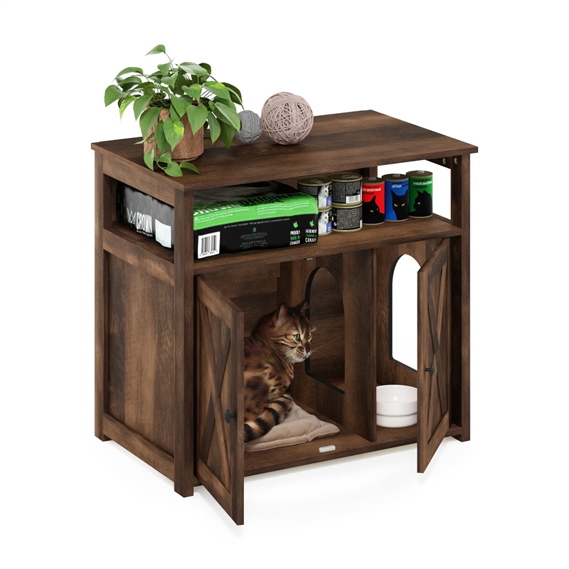 Pemberly Row Farmhouse Cat Litter Cabinet Storage with 2 Doors in Rustic Brown