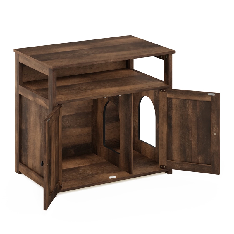 Pemberly Row Farmhouse Cat Litter Cabinet Storage with 2 Doors in Rustic Brown