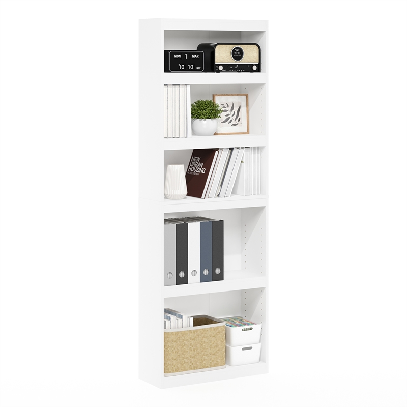 Pemberly Row Contemporary 5-Tier Shelf Bookcase in White Finish