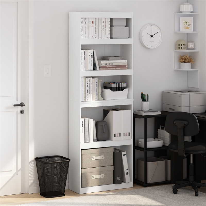 Pemberly Row Contemporary 5-Tier Shelf Bookcase in White Finish