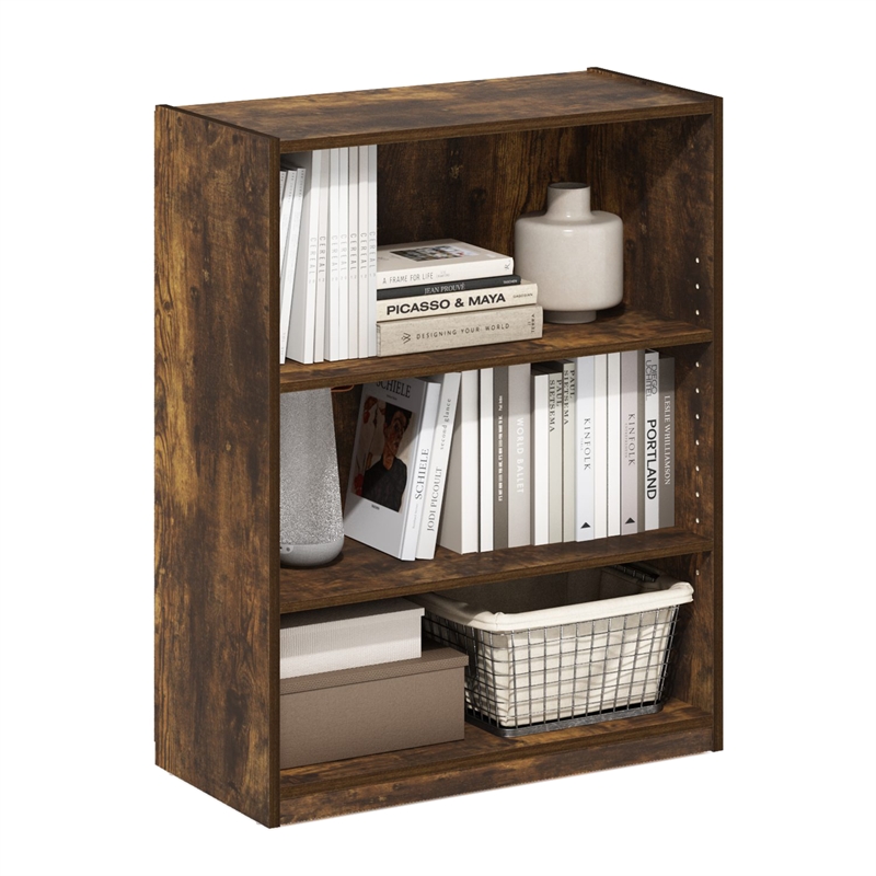 Pemberly Row 3-Tier Bookcase in Bookshelf with Adjustable Shelves in Amber Pine
