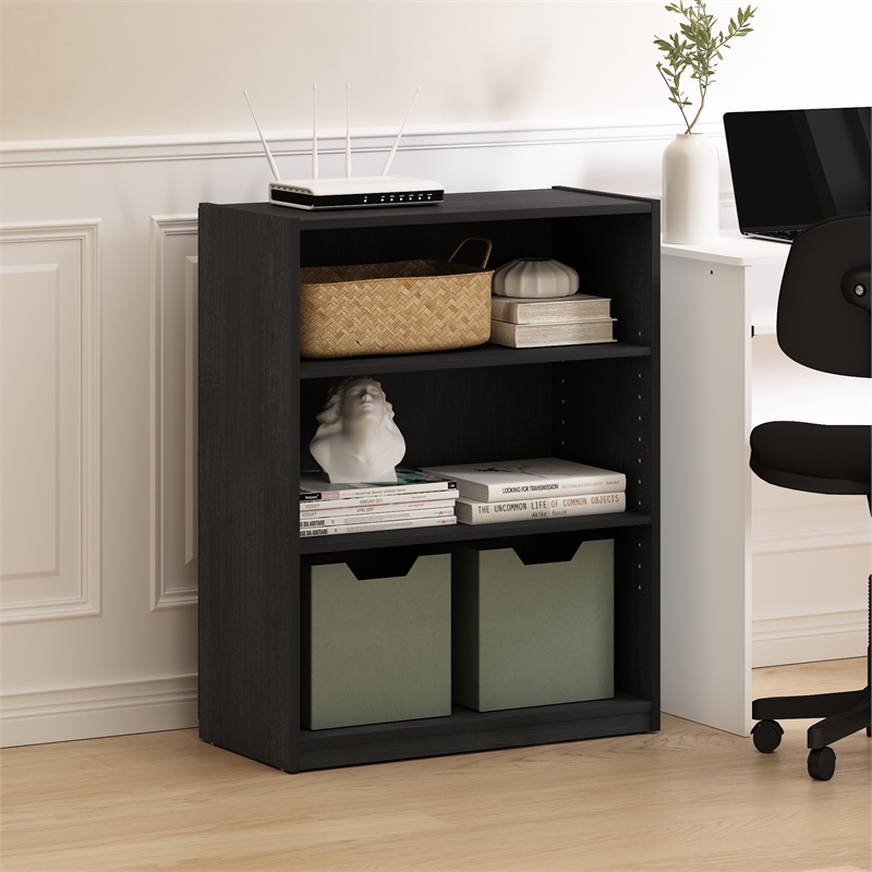 Pemberly Row 3-Tier Bookcase in Bookshelf with Adjustable Shelves in Blackwood