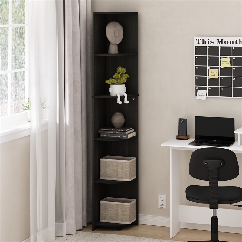 Pemberly Row 5-Tier Corner Shelf Bookcase in Bookshelf in Espresso