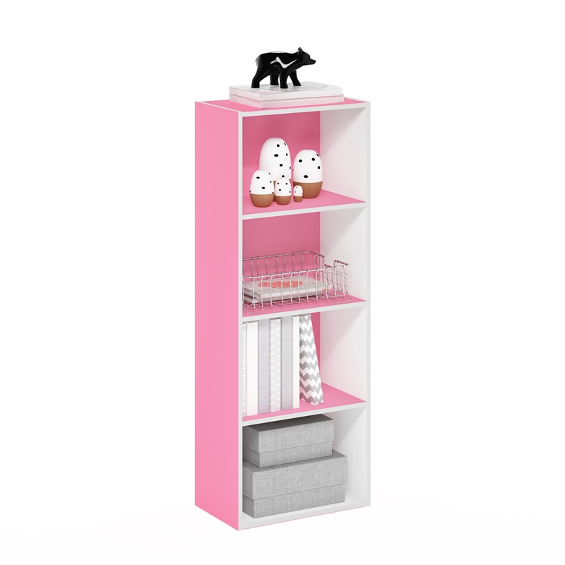 Pemberly Row Contemporary 4-Tier Open Shelf Bookcase in Pink/White