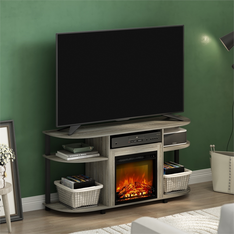 Pemberly Row Open Storage Curved Entertainment Center Stand French Oak Gray