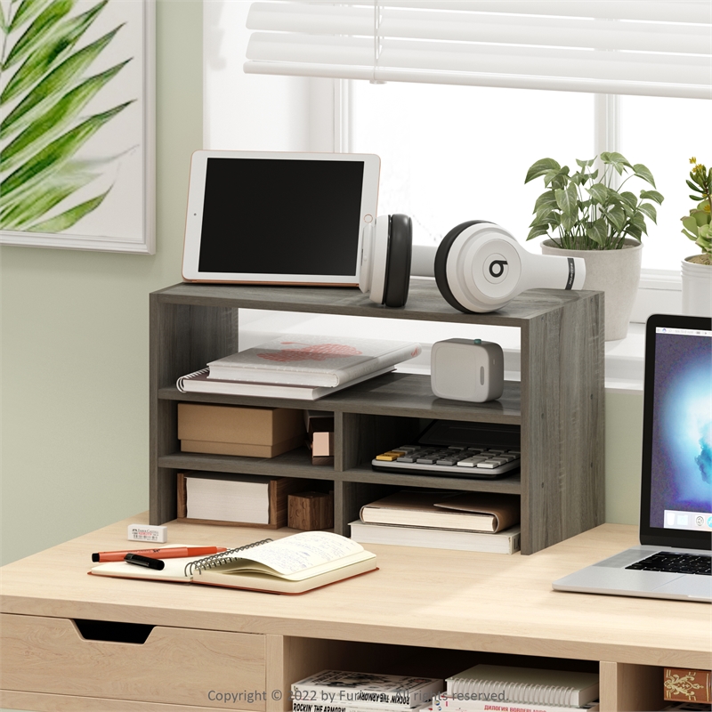 Pemberly Row Desk Top Organizing Shelf Bookcase in French Oak