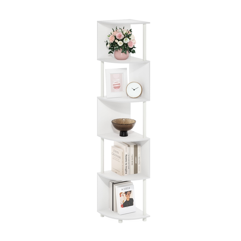 Pemberly Row 5-Tier Zigzag Corner Shelf Bookcase in Bookshelf in White