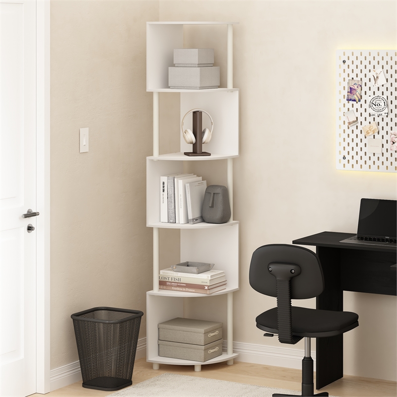 Pemberly Row 5-Tier Zigzag Corner Shelf Bookcase in Bookshelf in White