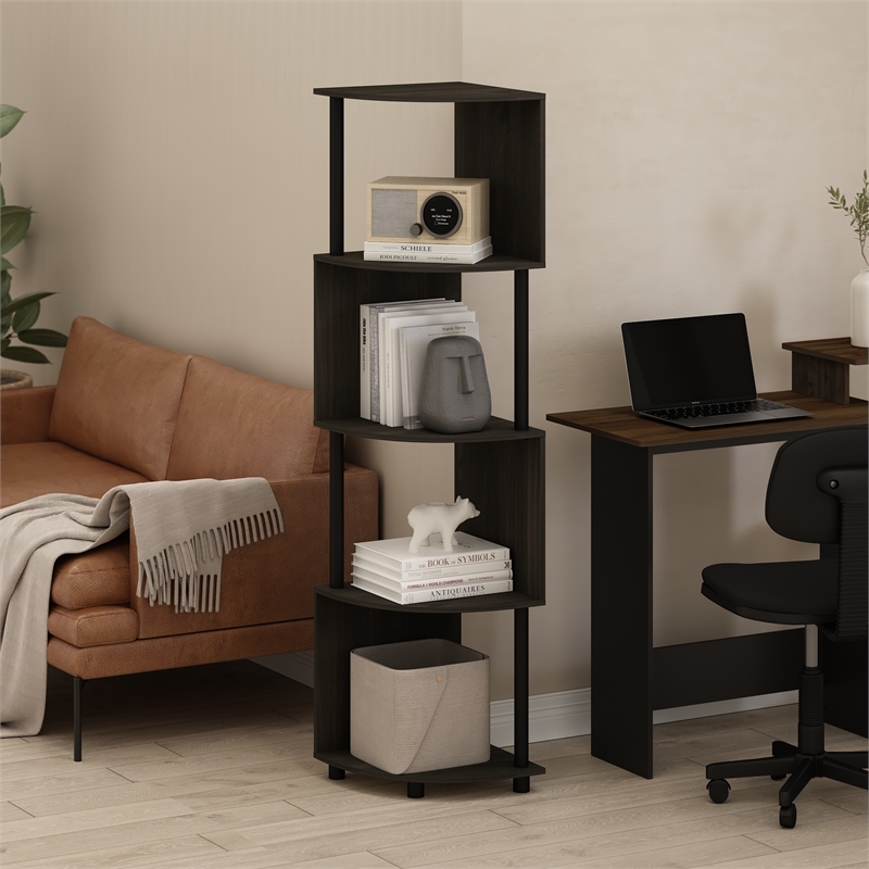 Pemberly Row 4-Tier Zigzag Corner Shelf Bookcase in Bookshelf in Espresso/Black