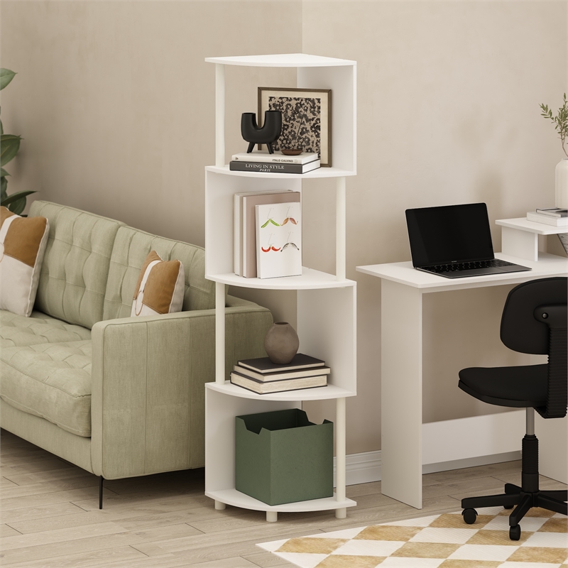 Pemberly Row 4-Tier Zigzag Corner Shelf Bookcase in Bookshelf in White