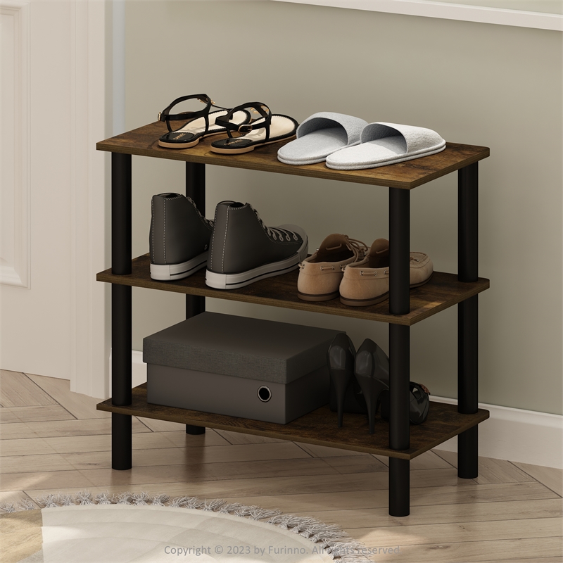 Pemberly Row Turn-N-Tube 26-Inch 3-Tier Freestanding Shoe Rack Amber Pine/Black