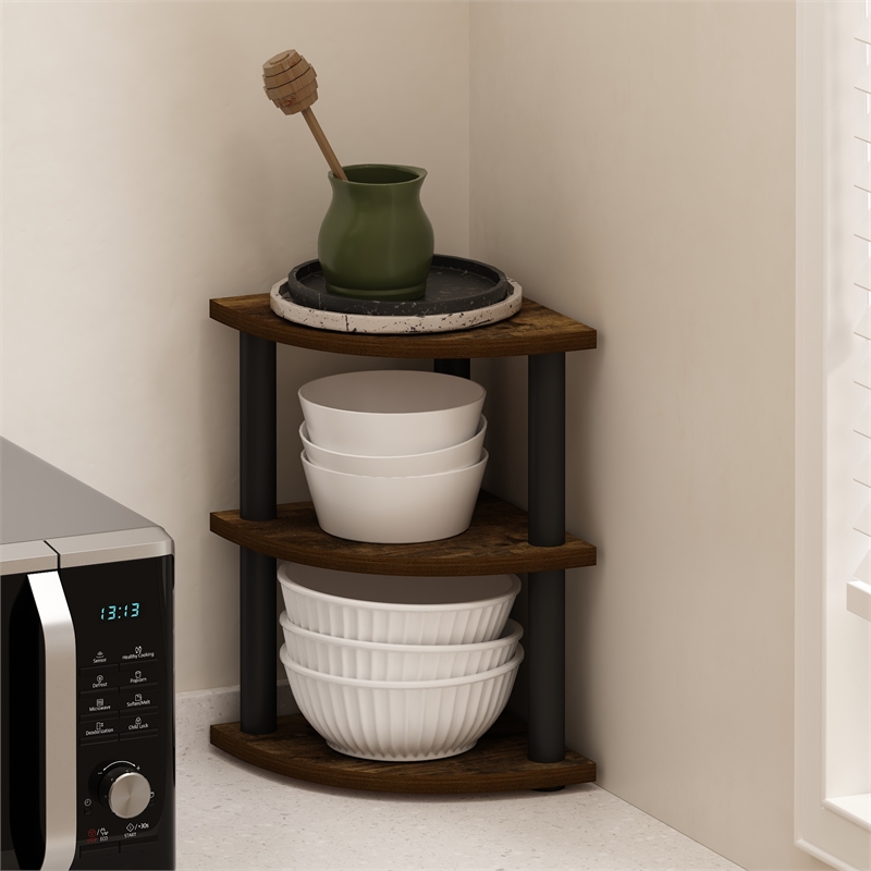 Pemberly Row 3-Tier Corner Countertop Organizer Shelf in Amber Pine/Black