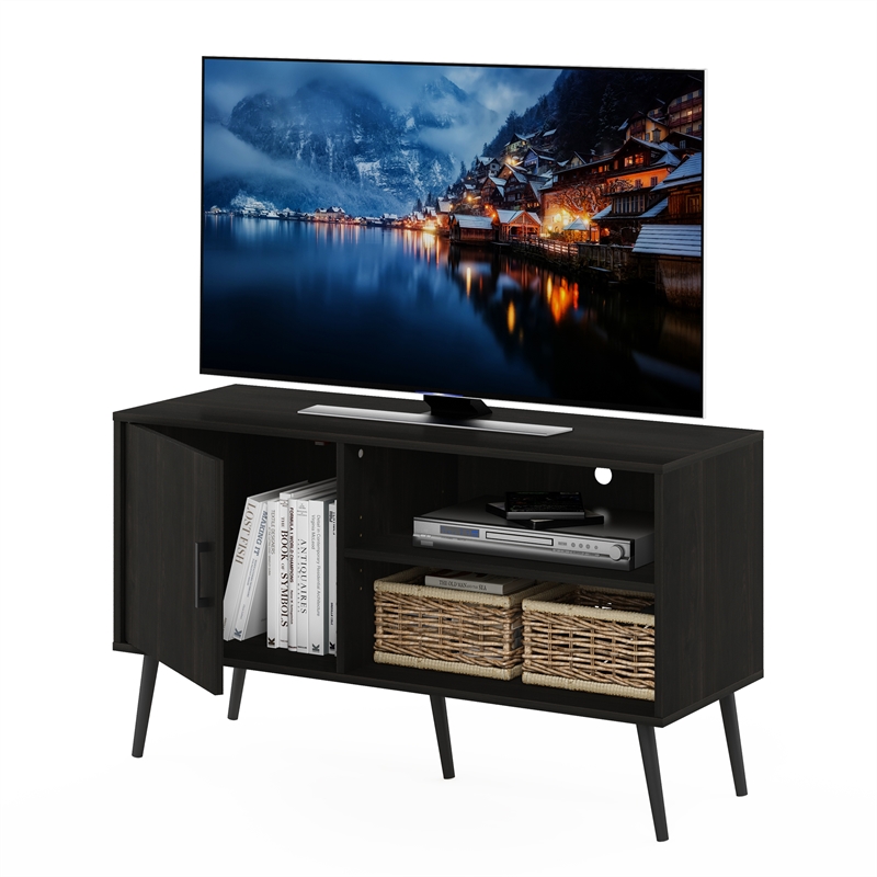 Pemberly Row Mid-Century TV Stand with Wood Legs in One Cabinet Espresso