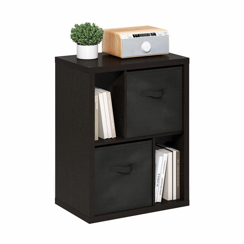 Pemberly Row Standing Storage Shelf with Two Bins in Dark Oak