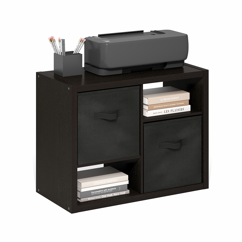 Pemberly Row Standing Storage Shelf with Two Bins in Dark Oak