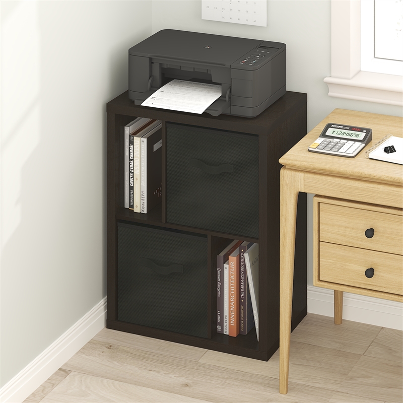 Pemberly Row Standing Storage Shelf with Two Bins in Dark Oak