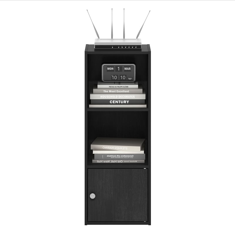 Pemberly Row 3-Tier Shelf Bookcase with 1 Door Storage Cabinet in Blackwood