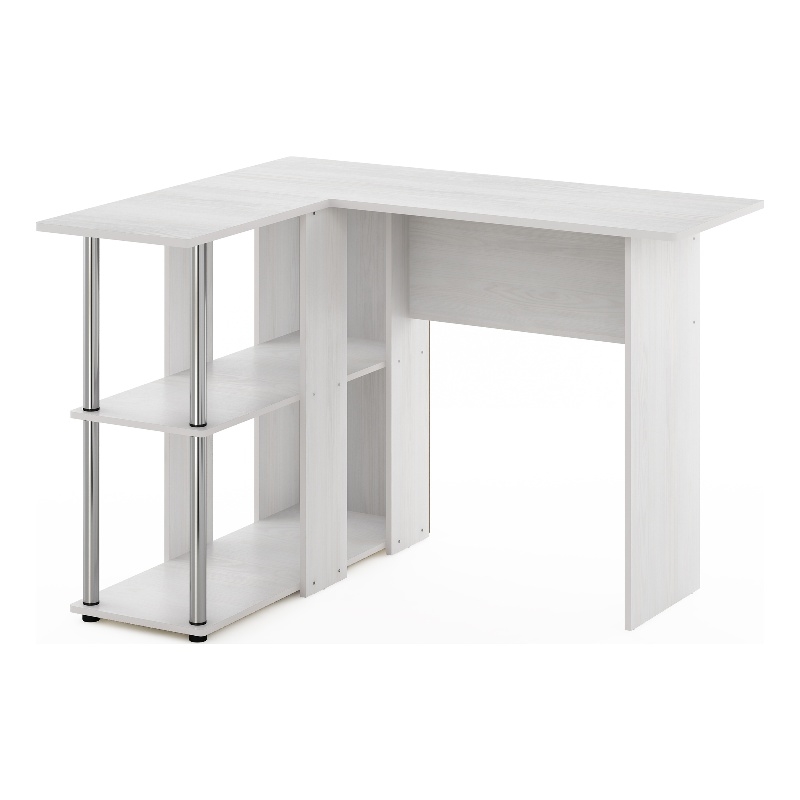 Pemberly Row L-Shape Desk with Bookshelf in White Oak in Stainless Steel Tubes