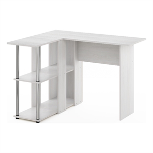 Pemberly Row L-Shape Desk with Bookshelf in White Oak in Stainless Steel Tubes