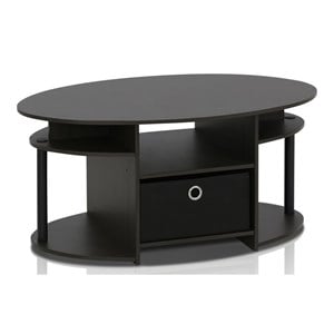 Pemberly Row Wood Simple Design Oval Coffee Table with Bin in Walnut/Black